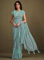 Crepe Silk Light Blue Party Wear Sequins Work Ready To Wear Saree